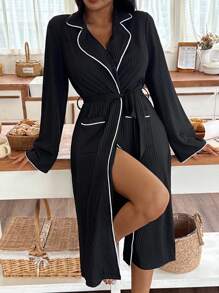 Women's Casual Color Block Trim Bathrobe, Fall, Cozy Outfits