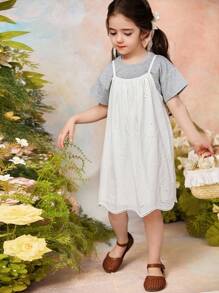 DAZY 2pcs/Set Young GirlSpaghetti Strap Mesh Dress & Casual Short Sleeve T-Shirt - Apricot - View 3