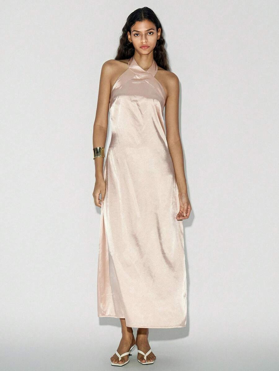 SHEIN LUNE Women's Sleeveless Dress, Elegant For Party Occasions Satin Long Dress Halter Neck Satin Dress Modest Wedding Guest Dress Women - Champagne - View 1