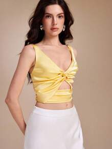 KHADIJA Solid Color Satin Knot Ruched Sleeveless Sexy Women Summer Backless Yellow Top