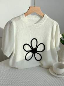 SHEIN EZwear 女式新款 3D 花卉短袖圆领毛衣 - 白色 - 查看 3