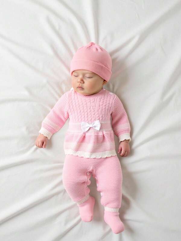 Baby Girls Knitted Jumpsuit, Fashionable Casual Cute Long Sleeve With Bow Ruffle Decor, Soft Comfortable, Suitable For Daily, Outdoor, Travel, Holiday, Home, Daycare Wear