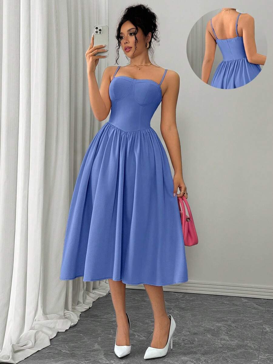 Rafferiza Fashionable Versatile Date & Party Spaghetti Strap Waist Flared Dress For Women, Autumn/Winter Summer Dress