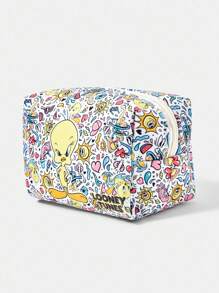 LOONEY TUNES X SHEIN 1 件卡通图案绗缝化妆包，带拉链的便携式化妆品收纳袋，多功能旅行收纳包，适合男女 - 彩色 - 查看 4