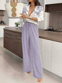 INAWLY 2pcs Plus Size Floral Print Button Front Long Sleeve Top And Solid Color Pants Set - Purple - View 4