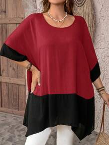 EMERY ROSE Blus Wanita Ukuran Besar Warna Burgundy dengan Jahitan Kontras, Kemeja Kasual Elegan Musim Gugur, Leher Bulat, Lengan Pendek, Longgar, Hem Asimetris, Belahan Samping, untuk Sehari-hari - Merah - View 3