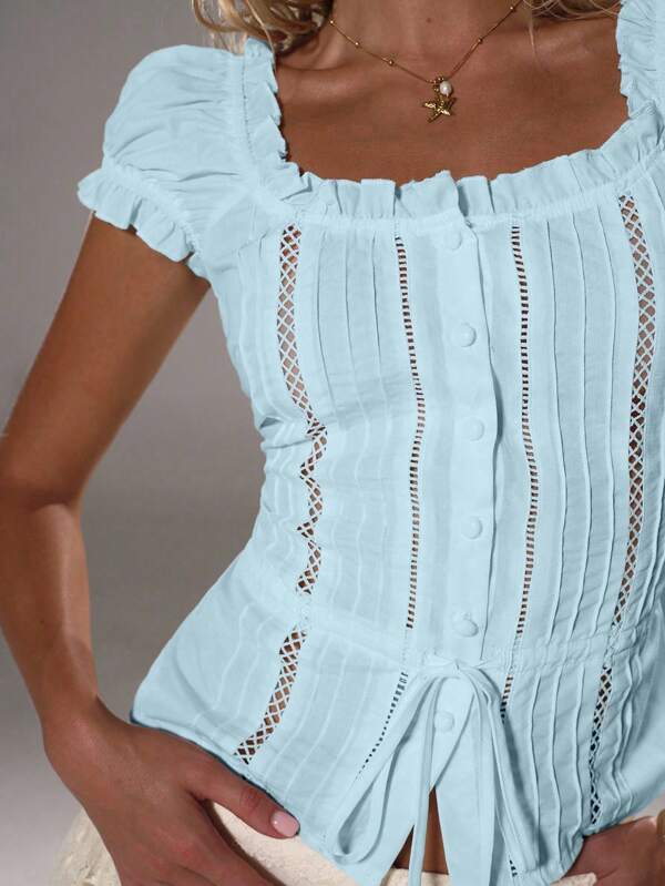 TRNVIE Lace Patchwork Tie Waist Vacation Elegant Women White Short Sleeve Shirt