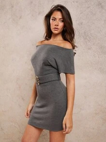 COSMINA Women's Elegant Solid Color Off-Shoulder Mini Dress - Grey - View 5