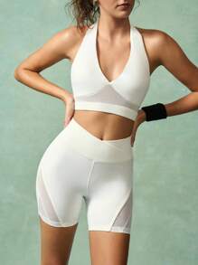 VARSIVA Women's Solid Color Gym Top Mesh Spliced Scoop Back Sports Bra - White - View 7