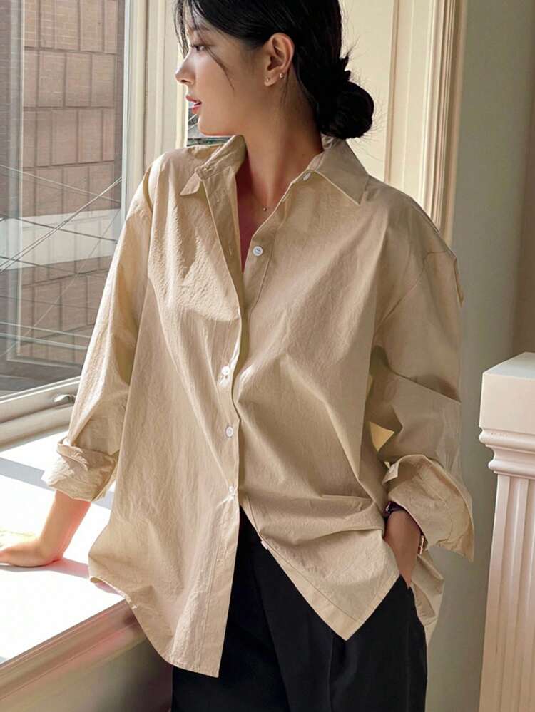 Women's Plain Long Sleeve Single-Breasted Casual Office Shirt