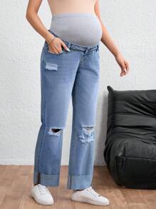 SHEIN 孕妇装撞色口袋做旧直筒休闲牛仔裤 - 中等水洗藍 - 查看 5
