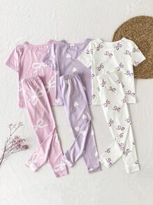 6 pezzi Set pigiama aderente per bimbe, con maglietta a maniche corte e pantaloni lunghi, motivo fiocco e cuore, tessuto elastico, lavabile in lavatrice, vestibilità comoda e facile da curare, adatto per bambine da indossare a casa come pigiama o abbigliamento casual, design minimalista facilmente abbinabile (3 set venduti separatamente)