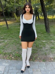 Sweetina 黑白拼色紧身迷你连衣裙 - 黑與白 - 查看 6