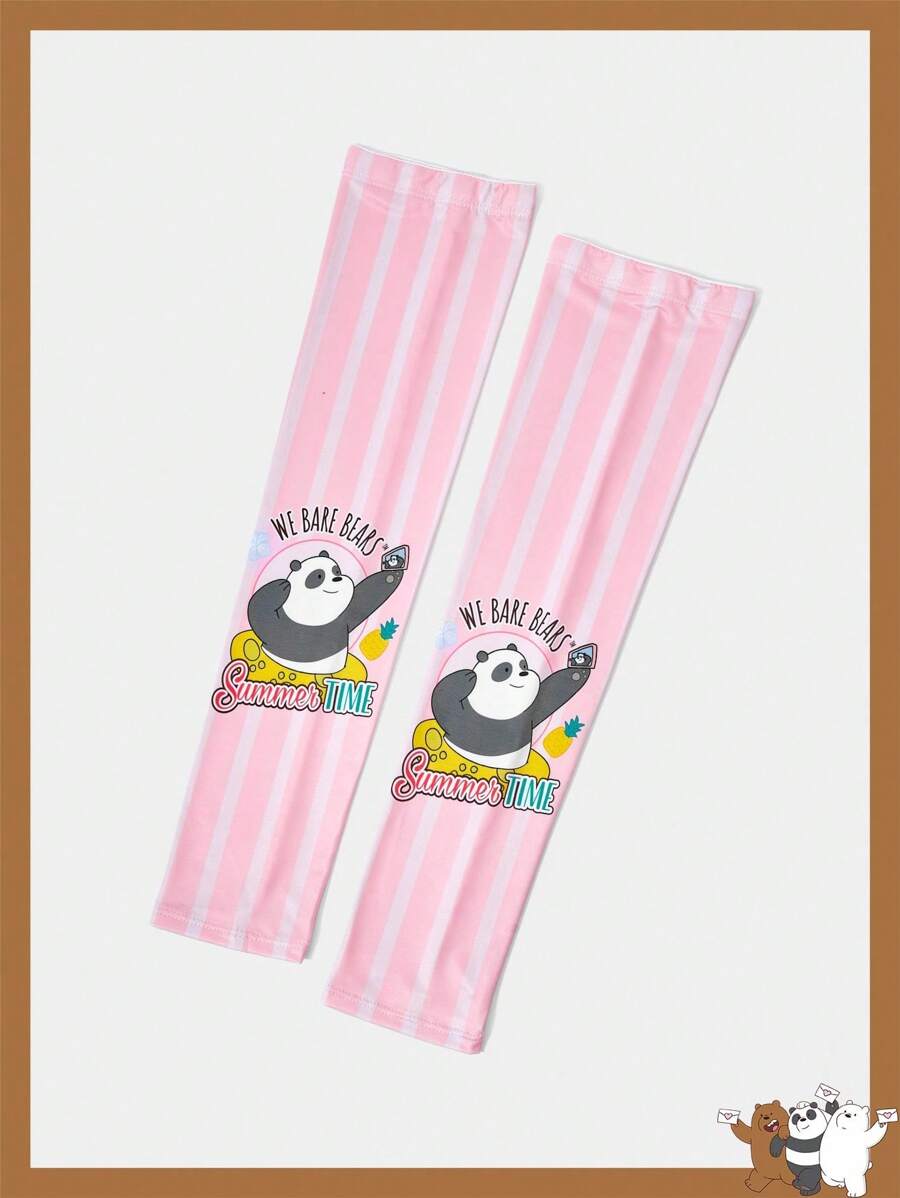 We Bare Bears X SHEIN 1 paire de manchettes mode et mignonnes aux designs rayés et de dessins animés - Rose bonbon - Voir 1