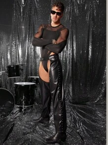 FeverCity Herren einfarbige Hose mit Ausschnitt-Design aus PU-Leder, Herbst/Winter