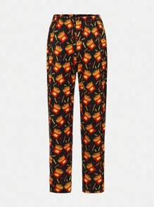 2 件套青少年男孩休闲睡衣套装，炸薯条印花圆领长袖上衣和裤子