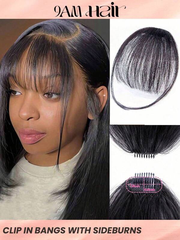 Breton din păr uman, cu perciuni, breton natural de culoare neagră, extensie de păr cu clips, prietenos pentru începători, foarte ușor de purtat