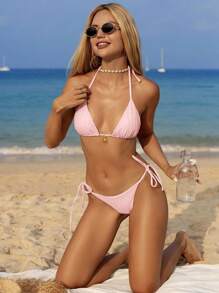 Swim Mod Plain Textured Bikini Set With Metal Accessories For Summer Beach Vacation - Pink - View 7