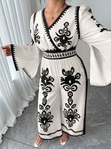 Elenzga Damen Große Größen V-Ausschnitt Langarm Jumpsuit mit Kordelzug Taille und Muster, elegante Outdoor-Bekleidung