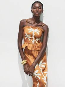 Maija Top de vacaciones con tirantes sin mangas con estampado de plantas naranja de verano para mujer, estilo hawaiano de hombros abiertos - Marrón - Ver 5