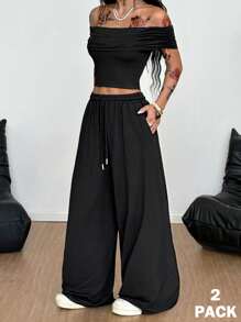 Coolane Women's Summer Minimalist Y2K Streetwear Casual Basic Daily Wear Off The Shoulder Crop Tees And Low Rise Wide Leg Sweatpants Two Pieces Outfits - Black - View 3