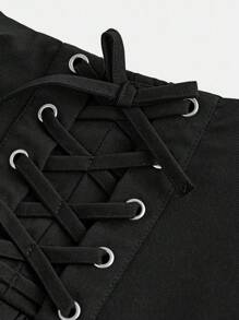 SHEIN Girlism Tween 女童休闲百搭双层纹理系带蛋糕裙短裤 - 黑色 - 查看 8