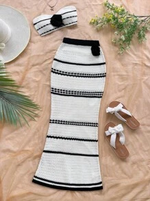 Soleia Black And White Striped,Summer,Casual,Vacation,Holiday Women's Two Pieces Set,Strapless Bandeau Top And Bodycon Maxi Skirt,3D Floral Sweater Outfit - Black and White - View 3