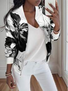 EMERY ROSE Women's Floral Print Long Sleeve Zipper Collar Baseball Jacket Fall Winter Cloth For Women - Black and White - View 1