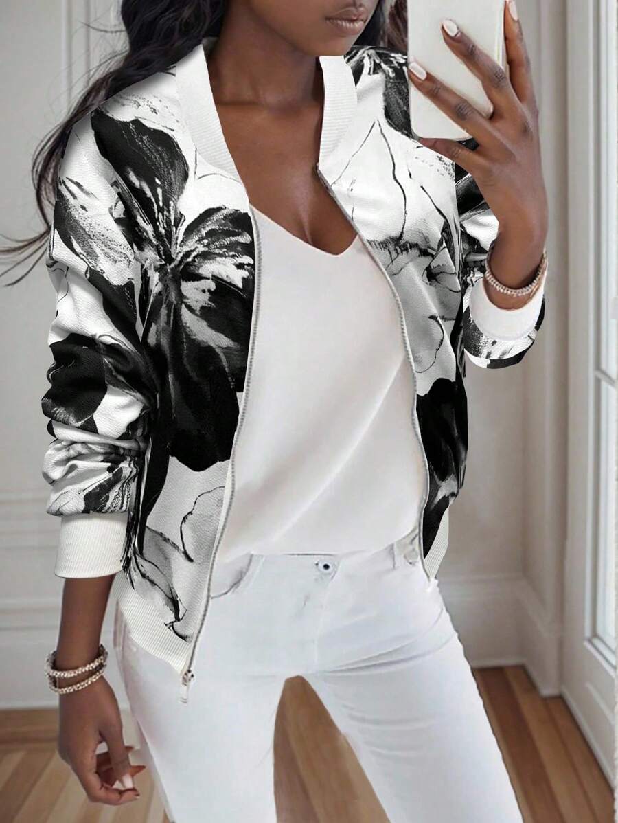 EMERY ROSE Women's Floral Print Long Sleeve Zipper Collar Baseball Jacket Fall Winter Cloth For Women - Black and White - View 1