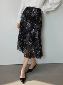 Uhlyne 女士优雅黑色中长半身裙，采用梭织面料，饰以时尚印花和拉链细节，适合秋季、简约、商务休闲、度假、工作、教师、返校季、秋季穿着，尽显老钱风范。 - 黑色 - 查看 5
