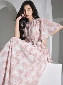 Modelyn 女士花卉印花褶皱肩荷叶边袖优雅连衣裙 - 藍色 - 查看 1