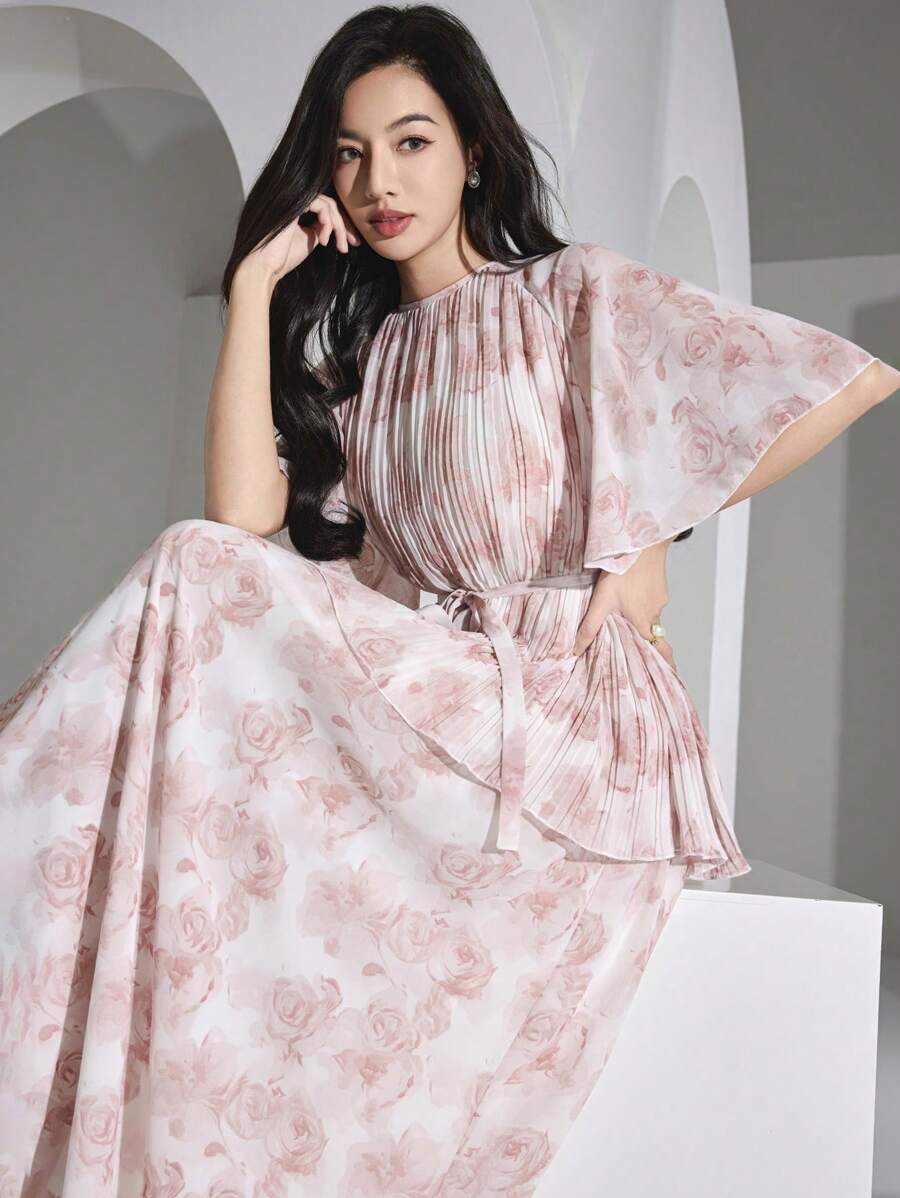 Modelyn 女士花卉印花褶皱肩荷叶边袖优雅连衣裙 - 藍色 - 查看 1