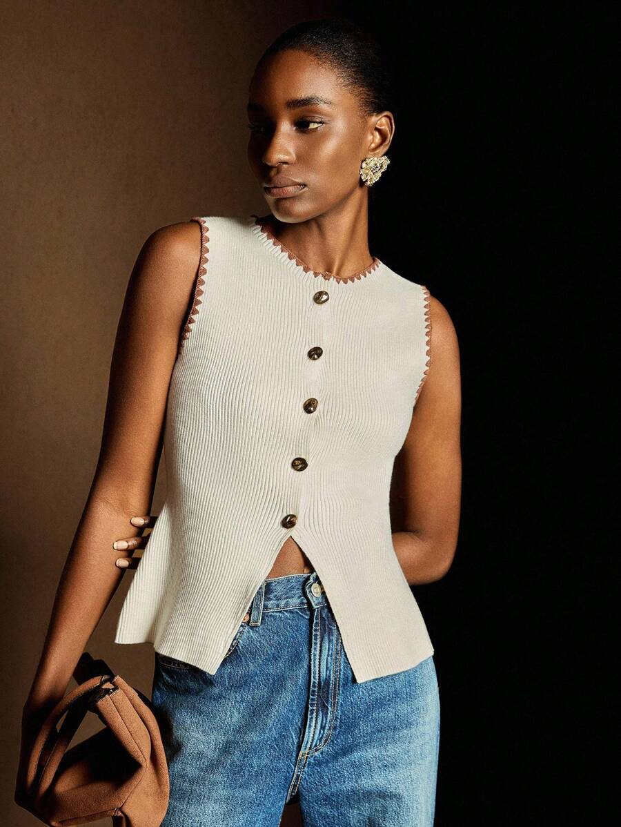 Écloséra 年轻时尚简约法式日常通勤度假杏色搭配焦糖色钩针装饰针织圆领金属纽扣下摆开叉法式休闲商务开衫，适合春夏秋季，女式上衣