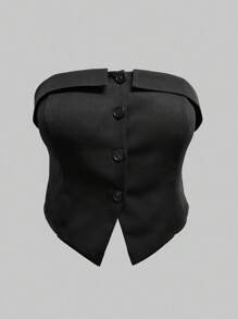 INAWLY Plus Size Women Solid Color Minimal Bandeau Black Top