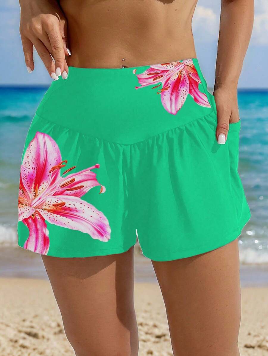 SHEIN Swim Lushore 女士百合花印花口袋宽松短裤，适合海滩和夏季度假穿着 - 彩色 - 查看 1