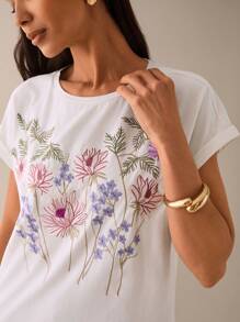 Lilora Summer Casual Floral Embroidery Crew Neck Short Sleeve T-Shirt - White - View 7