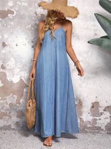 EMERY ROSE 女式休闲宽松斜口袋无袖牛仔连衣裙 - 淺色水洗藍 - 查看 6