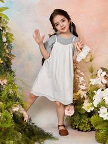 DAZY 2pcs/Set Young GirlSpaghetti Strap Mesh Dress & Casual Short Sleeve T-Shirt - Apricot - View 5
