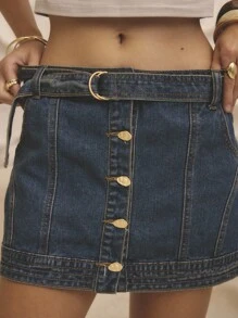 Aralina Winter / Summer Belted Seam Deatil Button Front Micro Mini Denim Skirt - Medium Wash - View 7