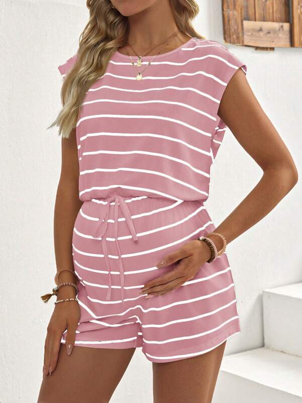 SHEIN Pregnant Women Casual Striped Cinched Waist Round Neck Batwing Sleeve Jumpsuit, Summer