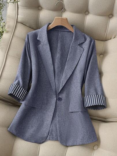 Franclia Aqua Blue Summer Casual Office Business Blazer,One-Button Fitted Three-Quarter Sleeve Coat With Striped Cuffs For Spring And Autumn Commuting Fashion