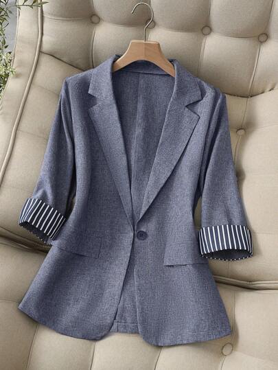 Franclia 时尚百搭 V 领条纹单扣修身夹克，休闲办公/通勤装，新款春秋海军蓝 3/4 袖女士西装外套