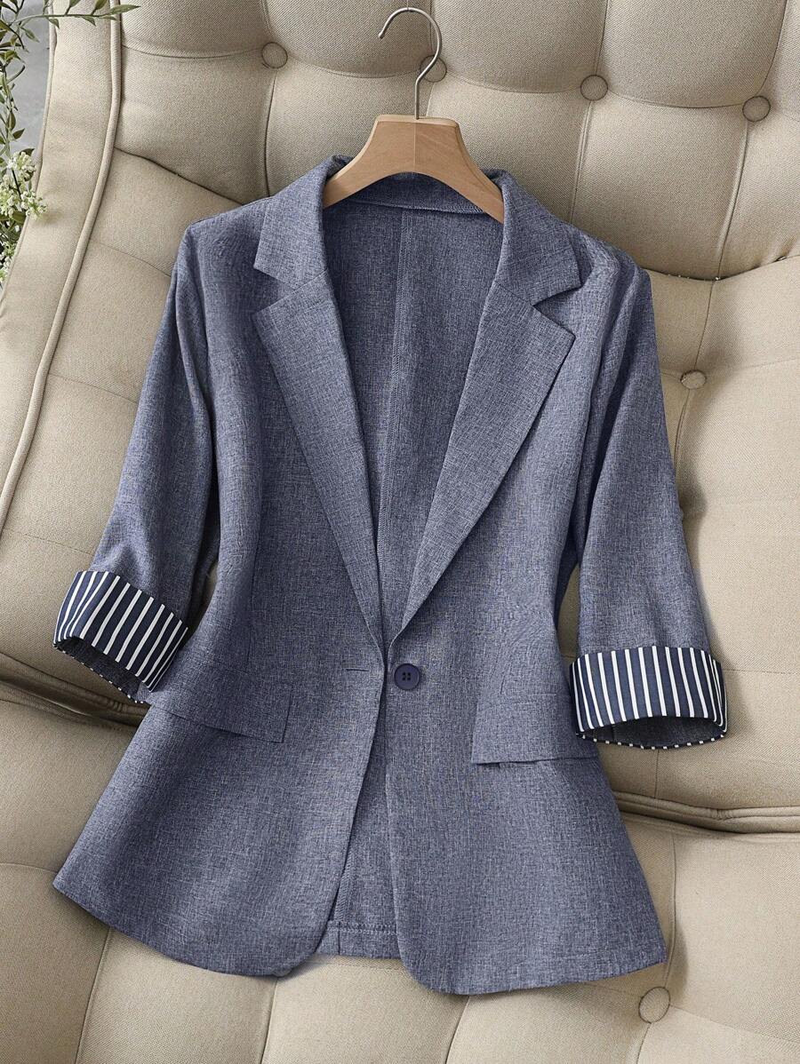 Franclia 时尚百搭 V 领条纹单扣修身夹克，休闲办公/通勤装，新款春秋海军蓝 3/4 袖女士西装外套 - 藍色 - 查看 1