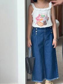 年轻女孩休闲百搭日常百搭纽扣前部细节松紧腰毛边阔腿牛仔裤 - 深色水洗藍 - 查看 7