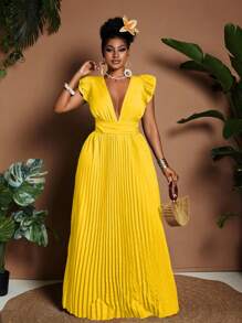 Maweii Plus Size V-Neck Ruched Back Tie-Shoulder Elegant Dress - Yellow - View 3