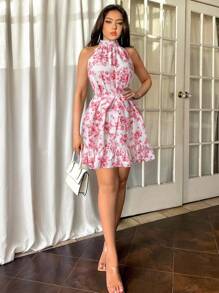 Firerie Vestido corto de verano corte evasé con flores azul y blanco románticas para mujer - Rojo - Ver 5