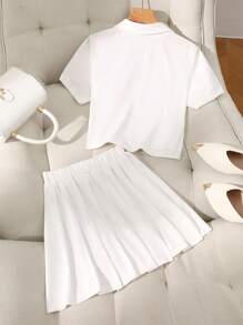 2件套青少年运动休闲POLO衫和高腰百褶裙套装 - 白色 - 查看 2