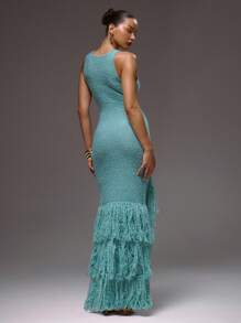 MUSERA Rochie maxi tricotată cu decolteu rotund, franjuri, decupate, sexy, vară, Ibiza, vacanță, drăguță, invitată la nuntă, toamnă, invitată la nuntă, elegantă, ziua de naștere, biserică, ieșire în oraș