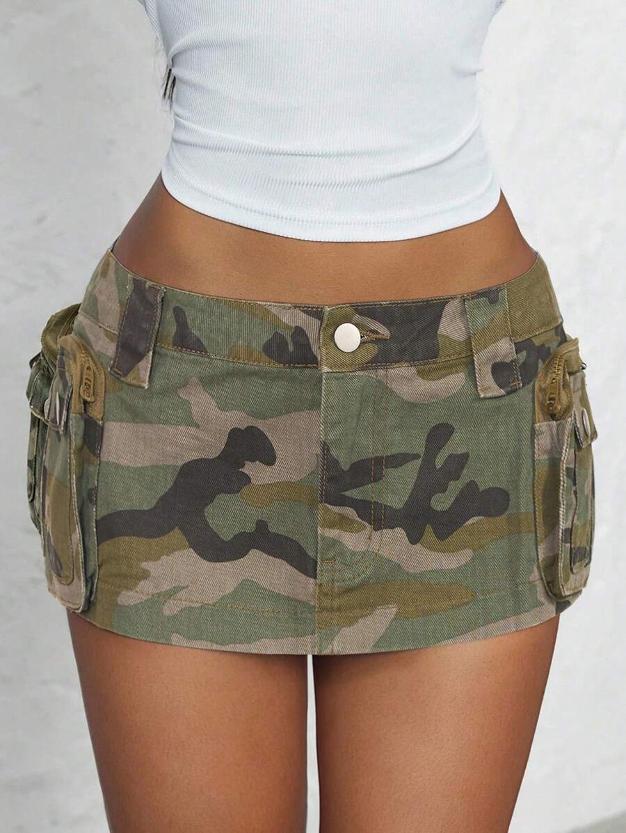 Jeanoix Women's Camo Print Low Waist Denim Mini Skirt With Pockets - Multicolor - View 1