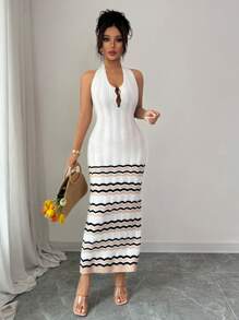 Elenzga Women's Elegant Vacation Contrast Color Long Figure-Hugging Pearl Decorated Knit Dress - White - View 1